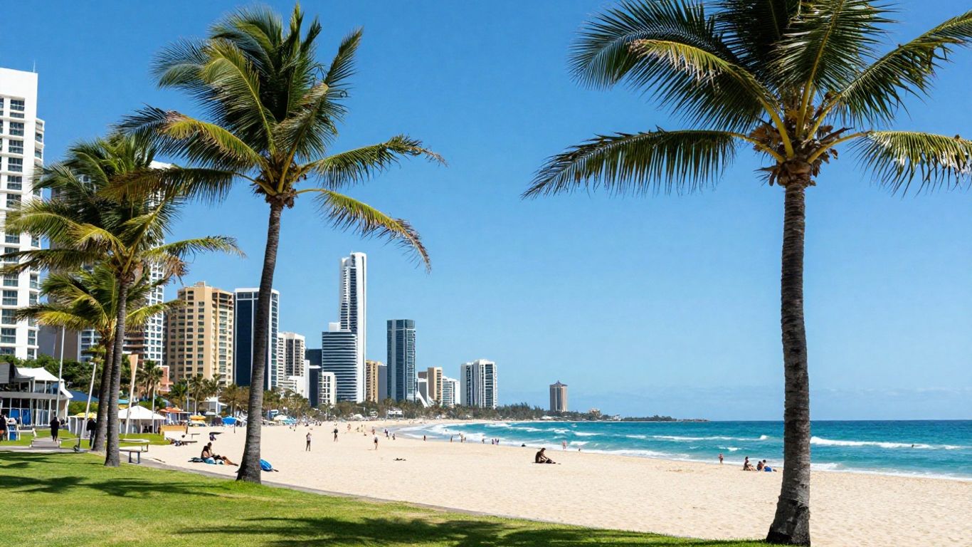 Gold Coast beach with palm trees and ocean