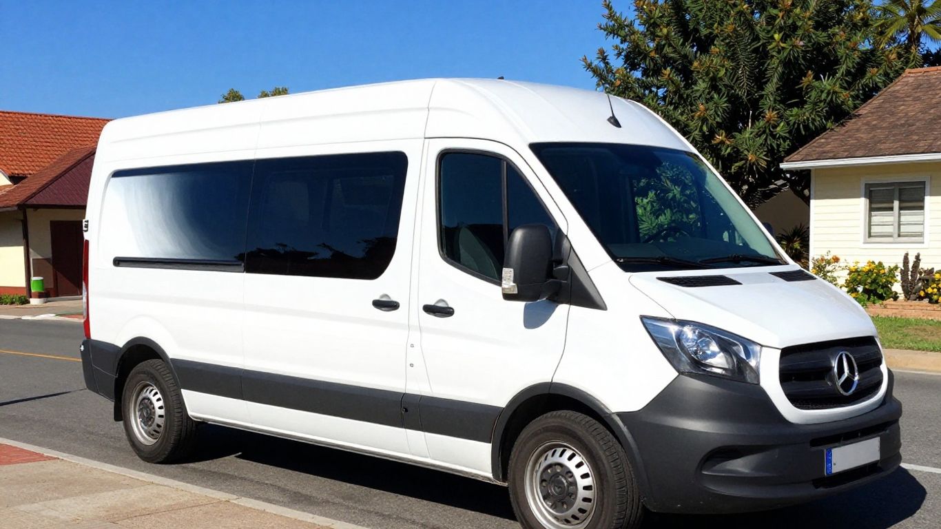 White church van parked on a sunny street.