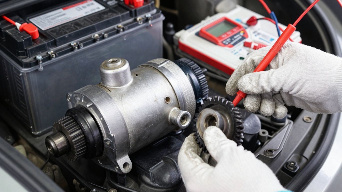 Replacement starter motor beside vehicle tools
