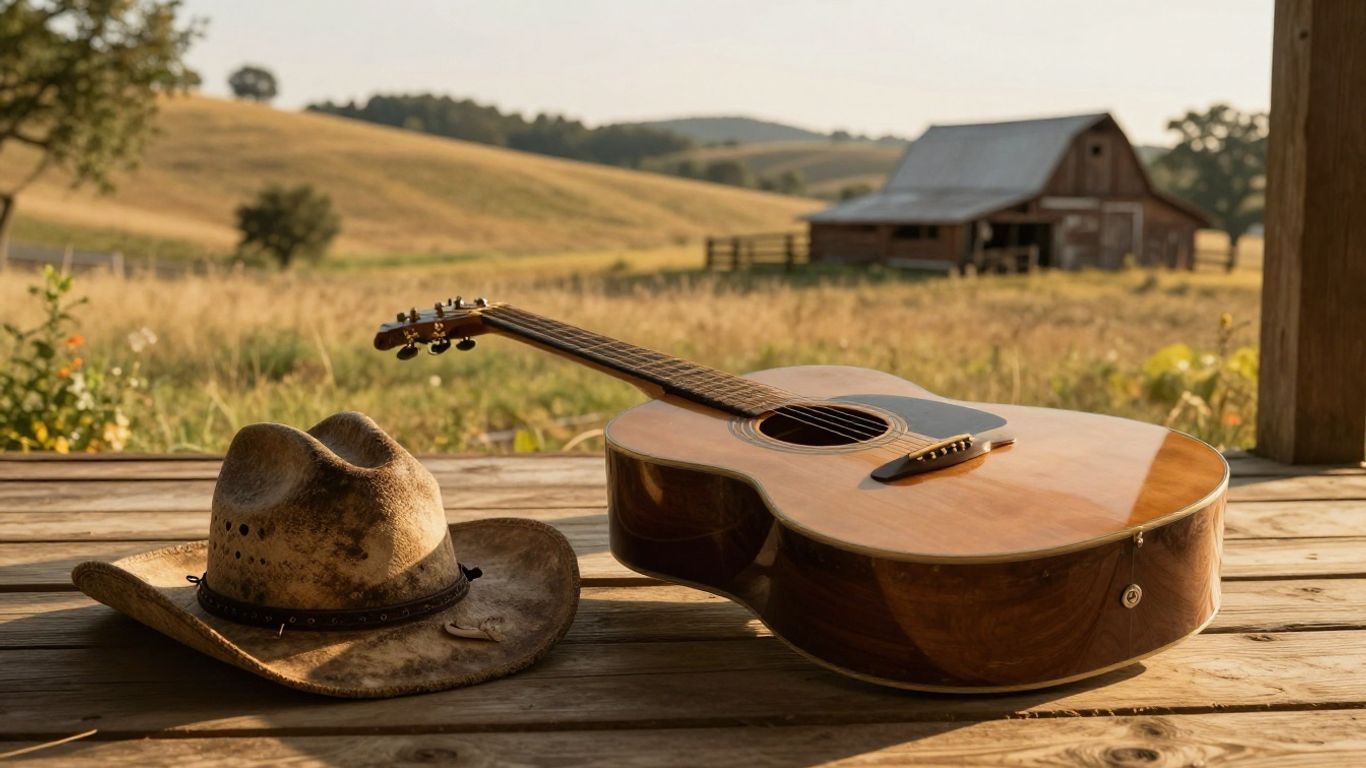 Acoustic guitar and cowboy hat on a porch.