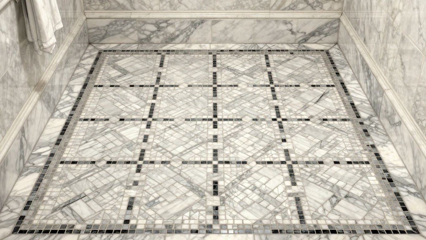 Basketweave marble mosaic floor in a luxury bathroom.