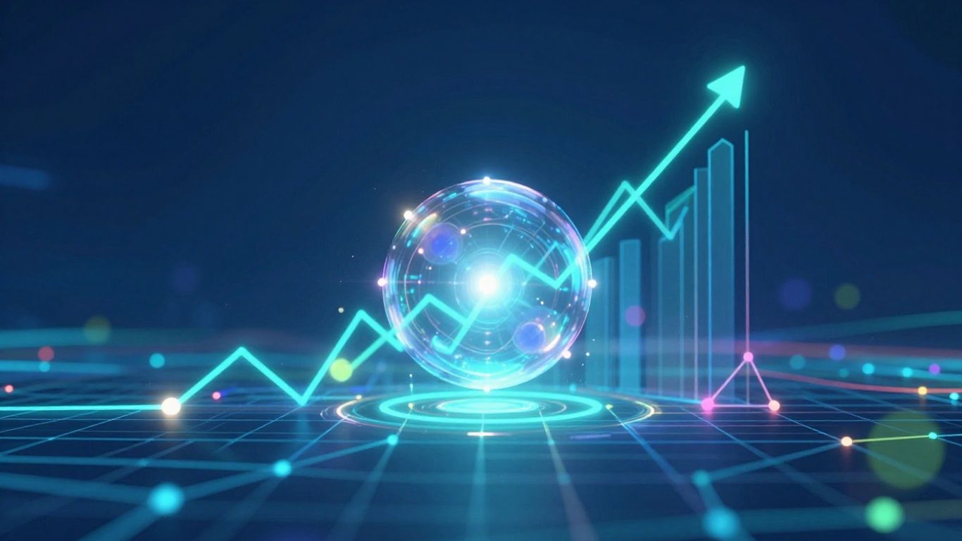 Digital landscape with upward trends and nodes.