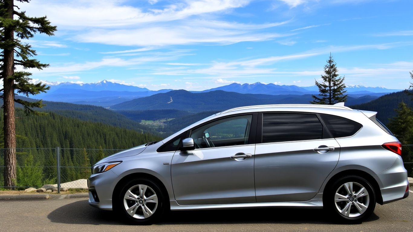 A clean rental car parked at a scenic lookout