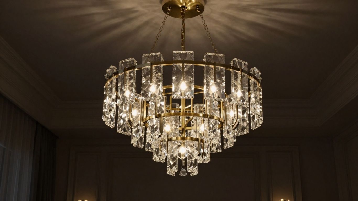Modern crystal chandelier hanging in an elegant room.