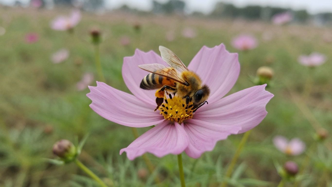 Welkende Blume mit einer Biene, wenig Pflanzenleben.
