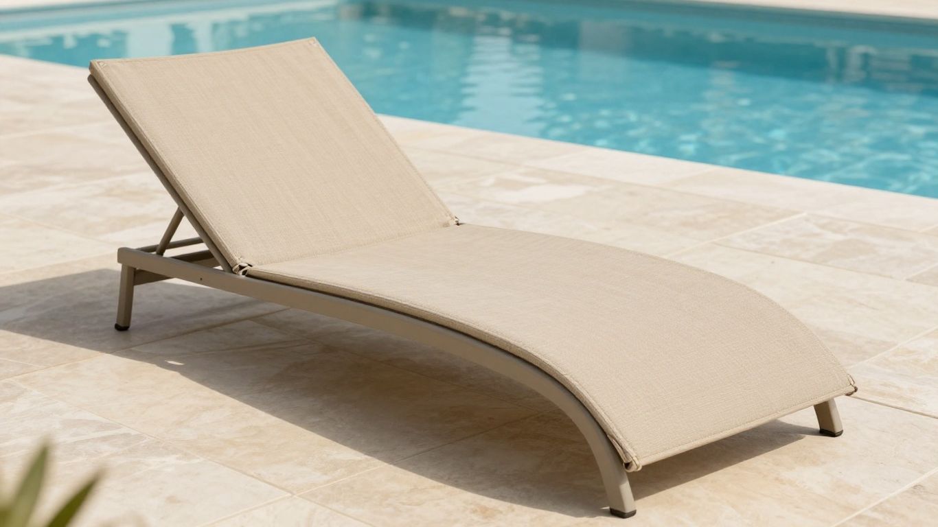 Close view of a fabric lounger beside a pool