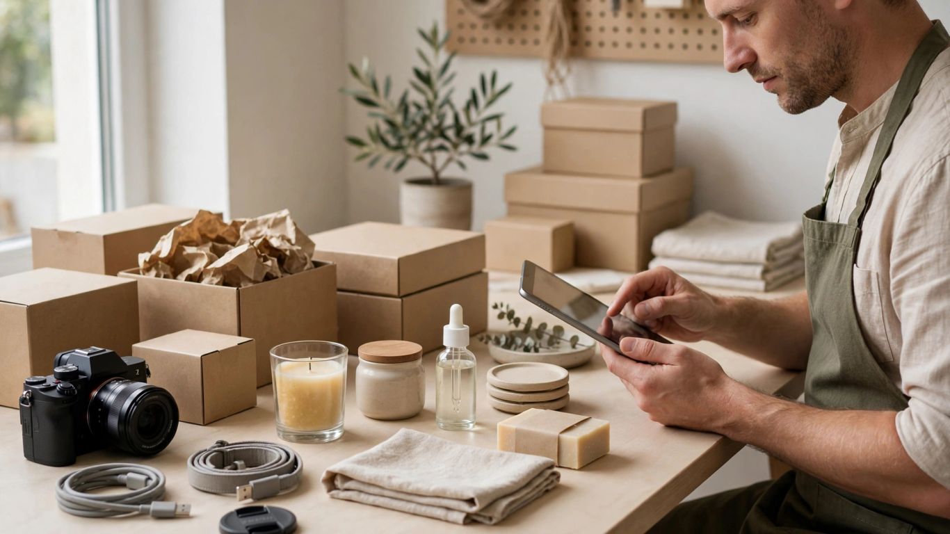 Product catalog displayed beside clean product photography
