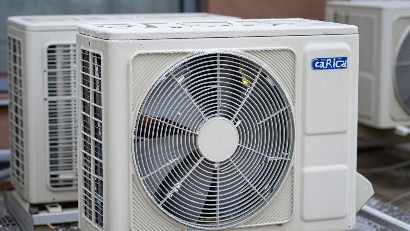 Frozen Carrier AC unit outdoor condenser fan