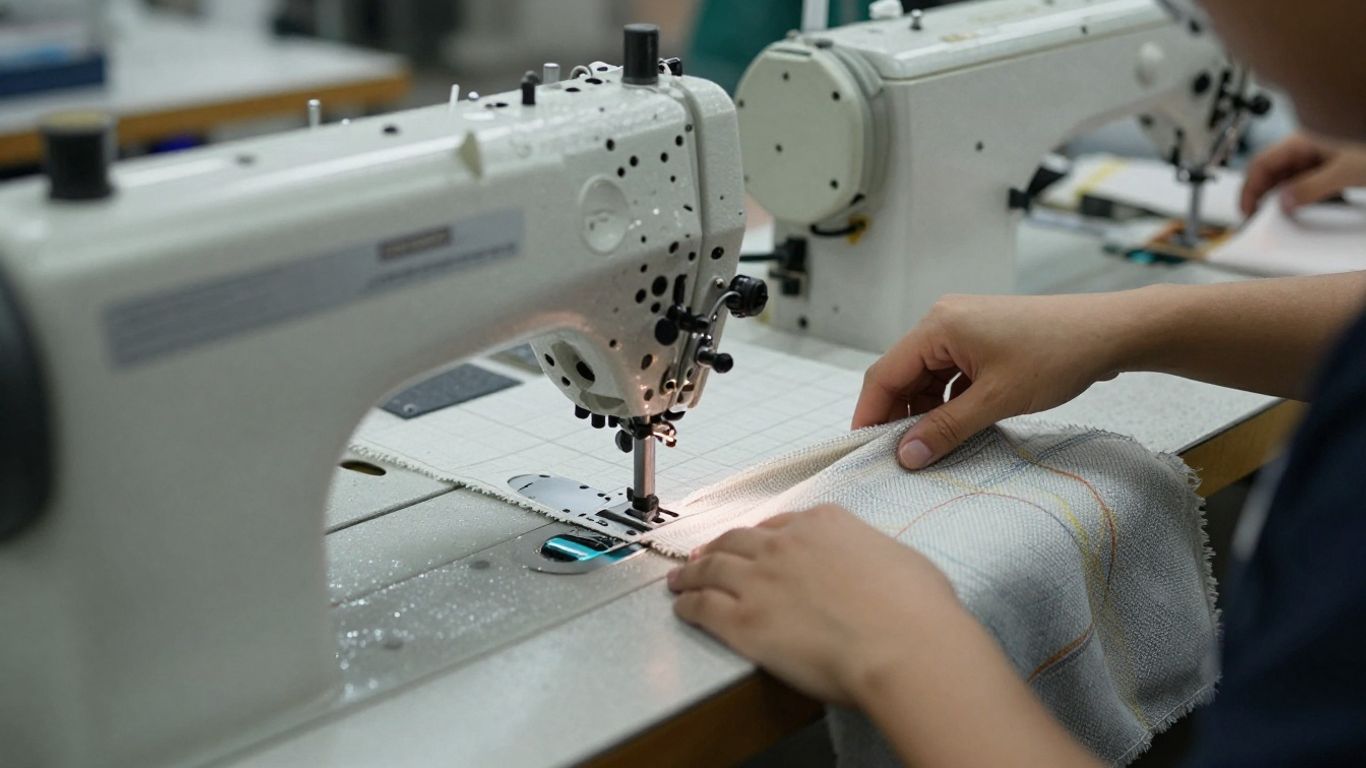 Fabricator's workshop with textiles and machinery.
