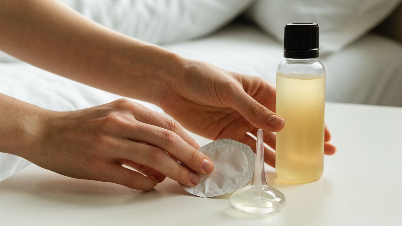 Hands checking a condom and toy package beside lubricant