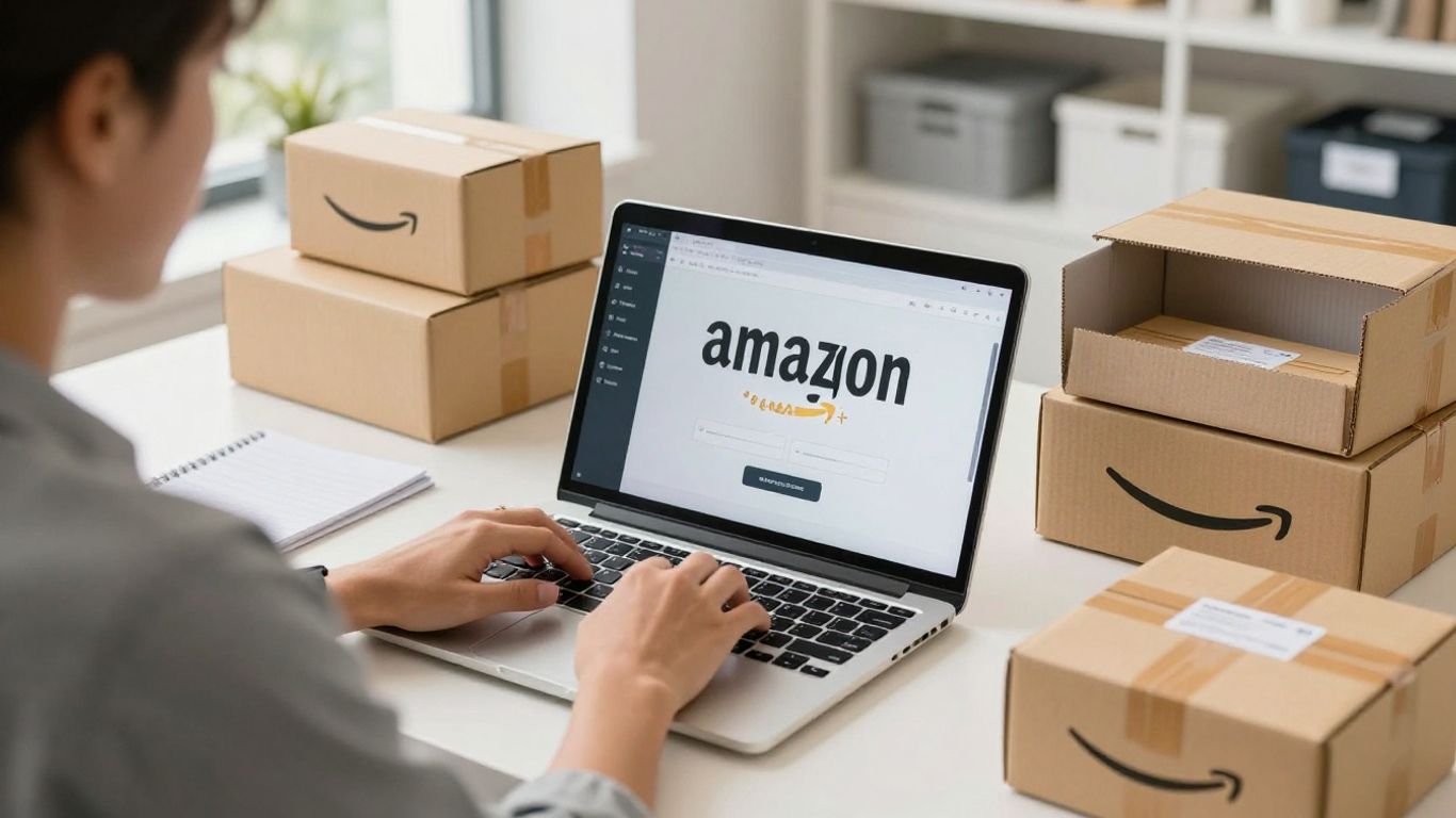 Person optimizing Amazon listings with product packages nearby.