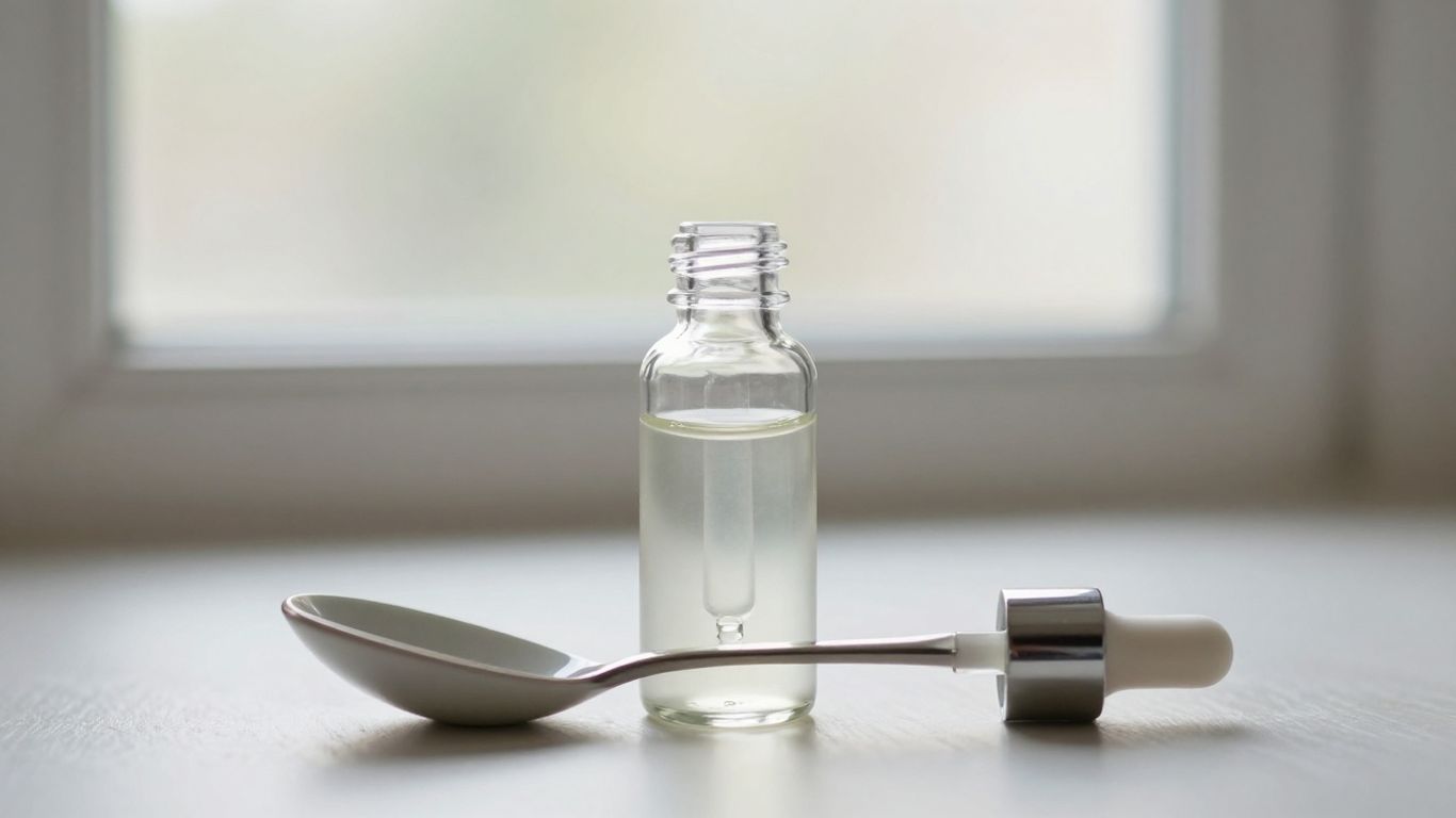 A glass dropper bottle beside silver particles