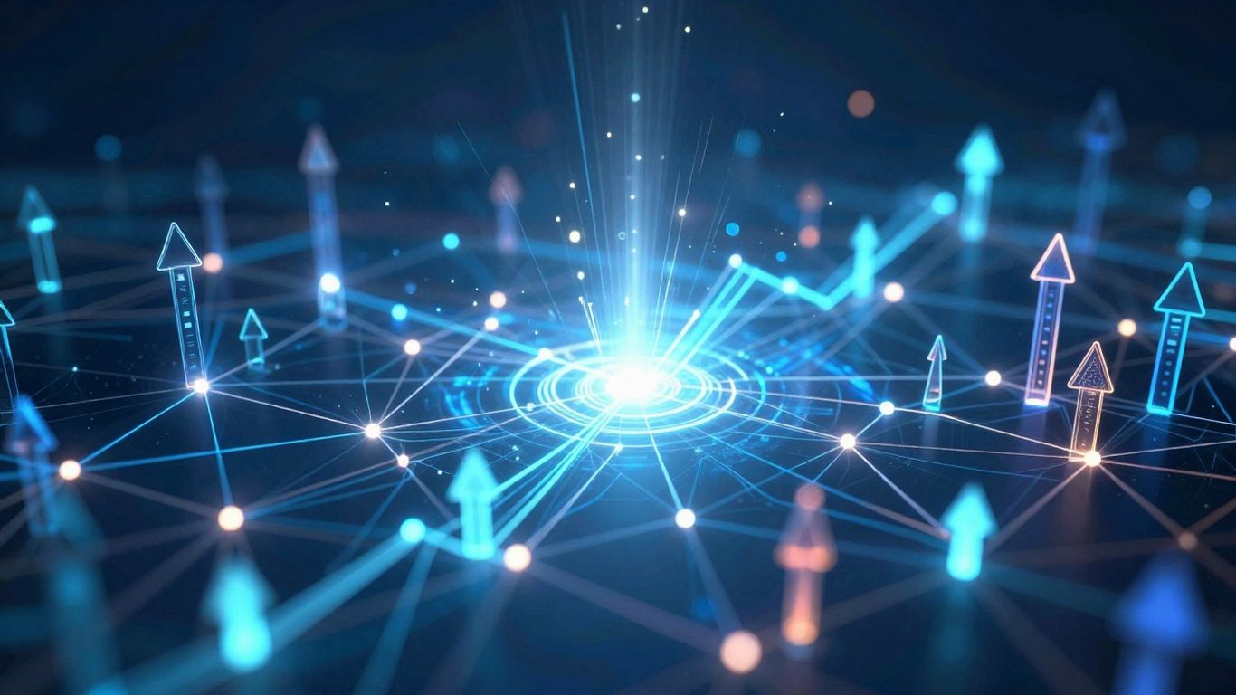 Digital landscape with glowing nodes and upward trends.