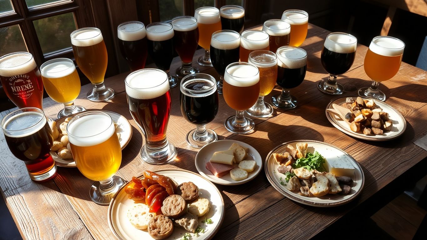 French craft beer and food pairings on a table
