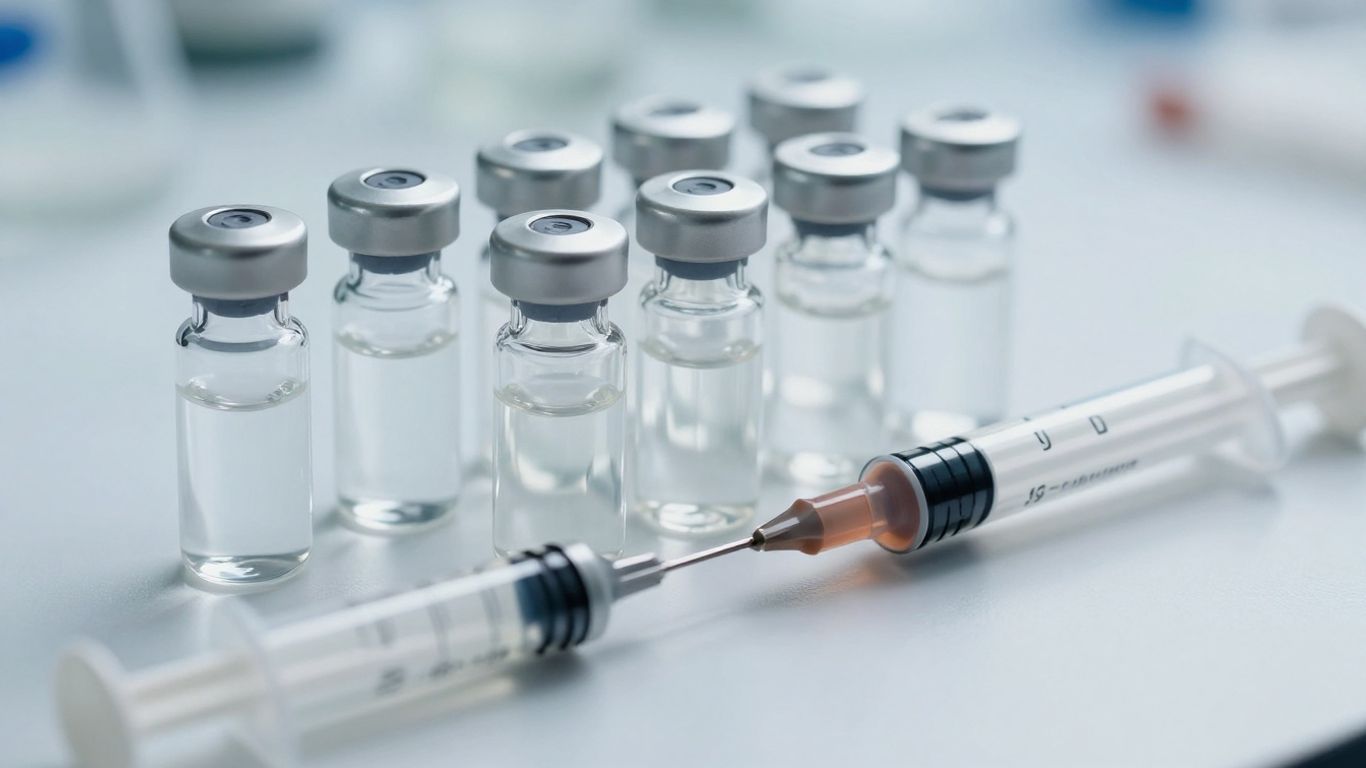 Peptide vials and syringes on a lab surface.