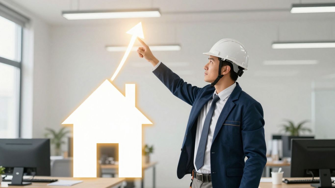Roofer pointing to growth arrow above house.