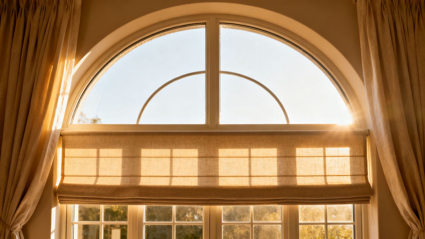 Half circle window with creative coverings and natural light.