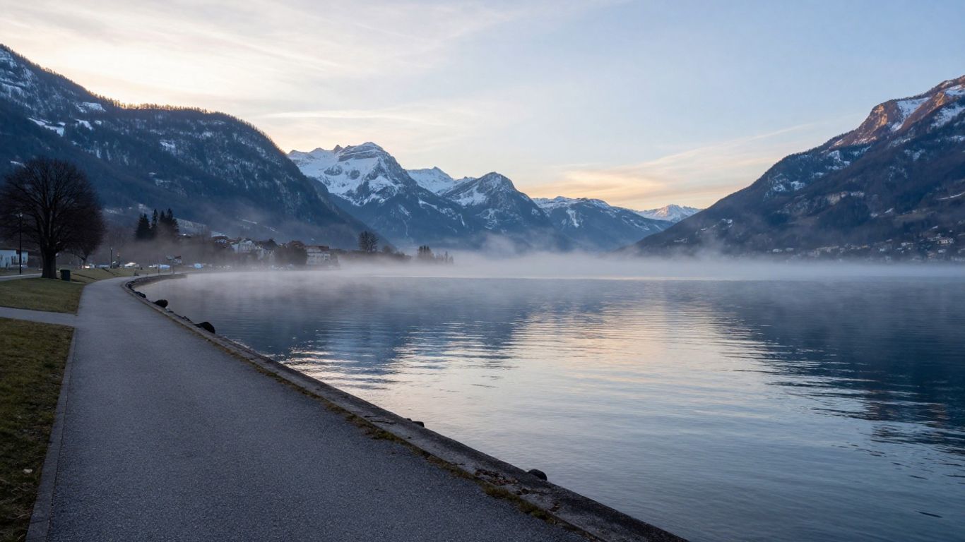 Early morning Lake Annecy shore with Alpine peaks