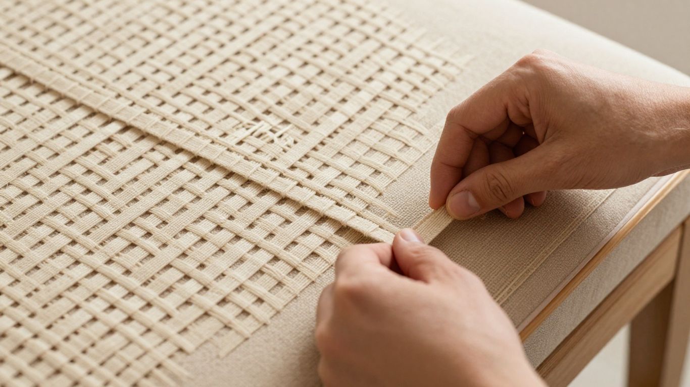 Hands interlacing upholstery webbing on furniture frame.