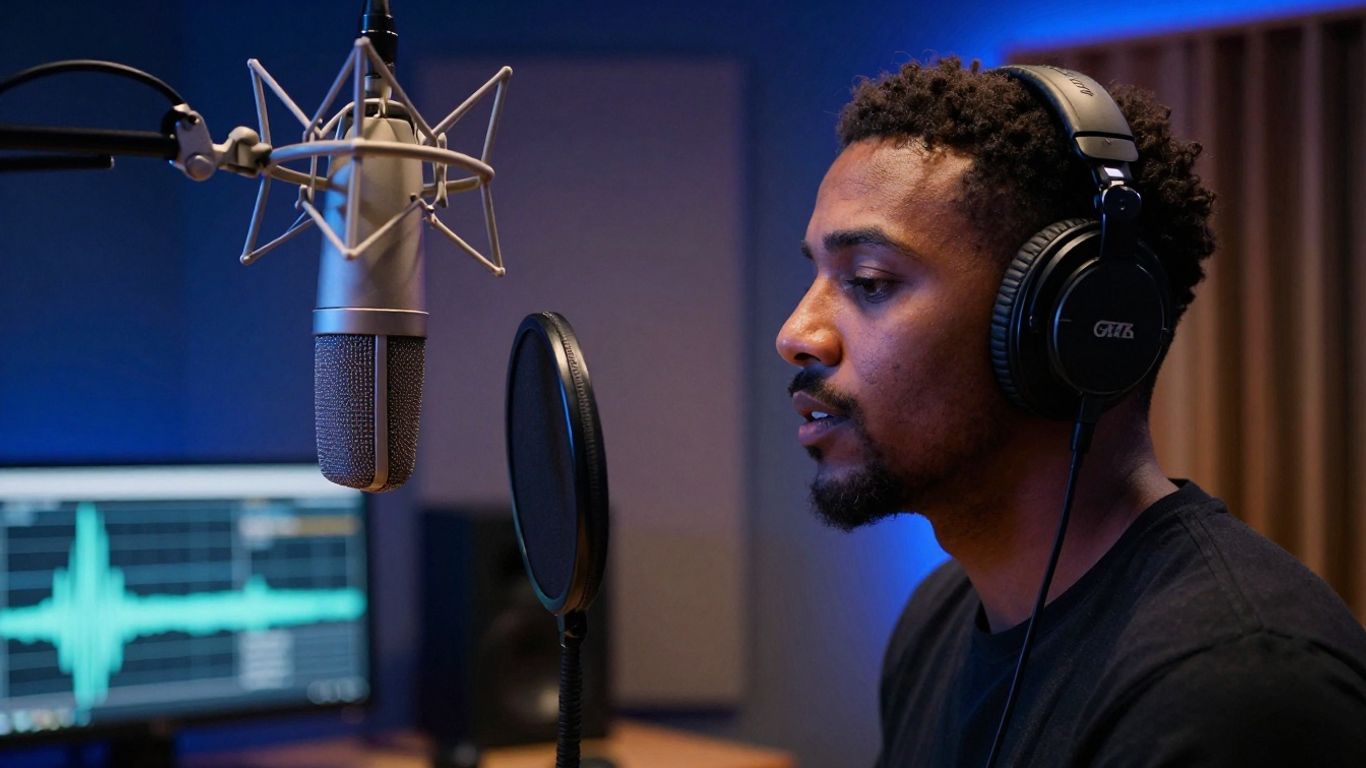A vocalist recording beside a glowing studio console