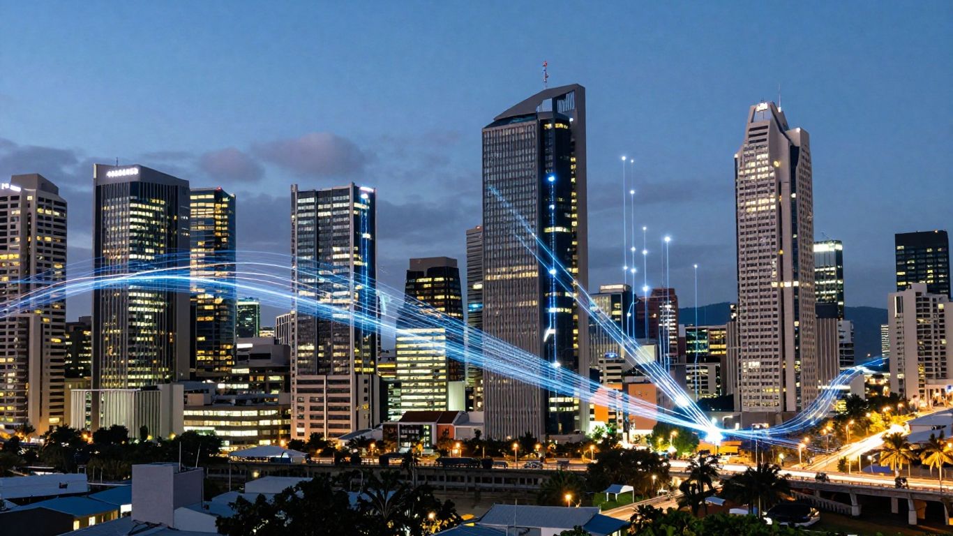 Brisbane skyline with digital circuits and light trails.