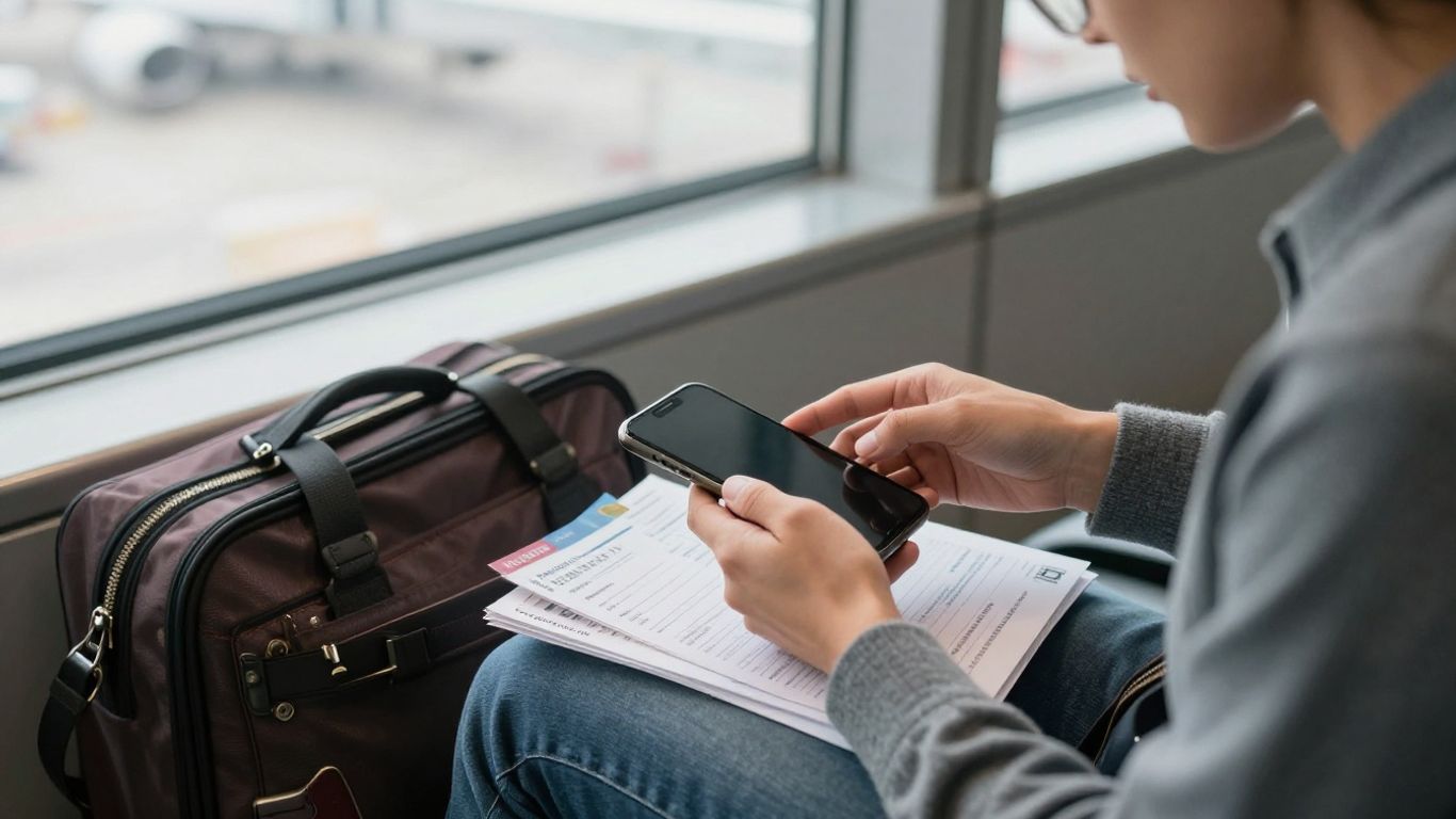 Traveler using phone beside organized travel documents