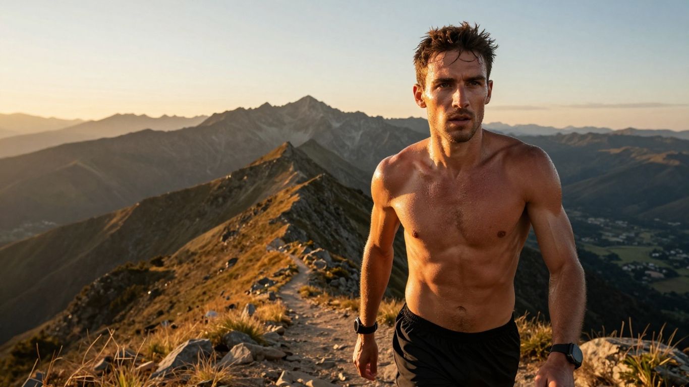 Runner on mountain trail at sunset, conquering distance.