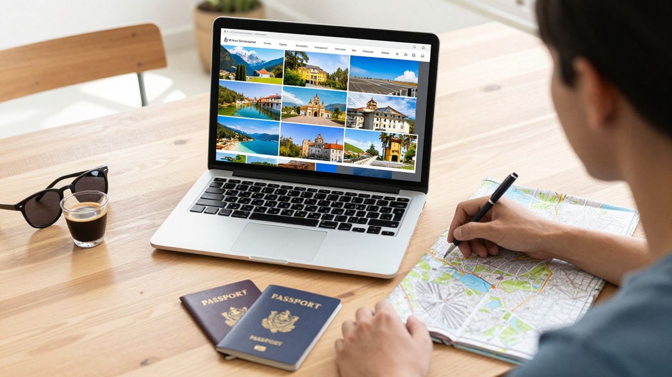 Traveler comparing vacation offers on laptop