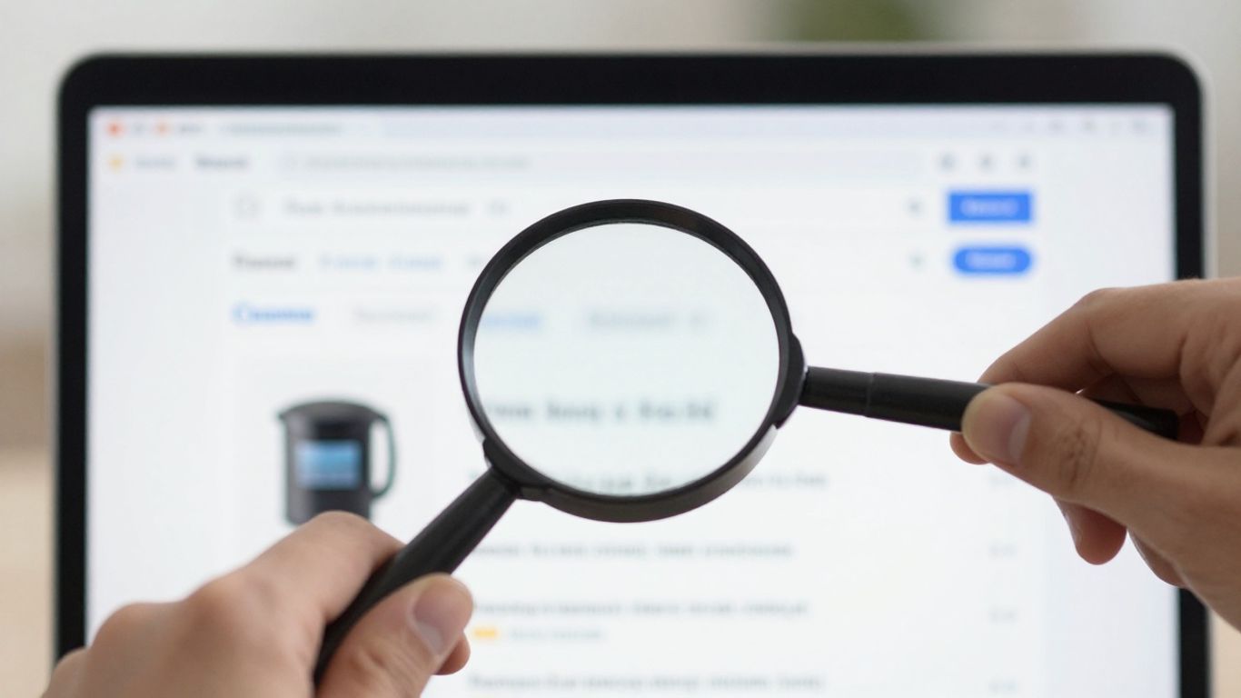 Laptop screen with search results and magnifying glass over products.