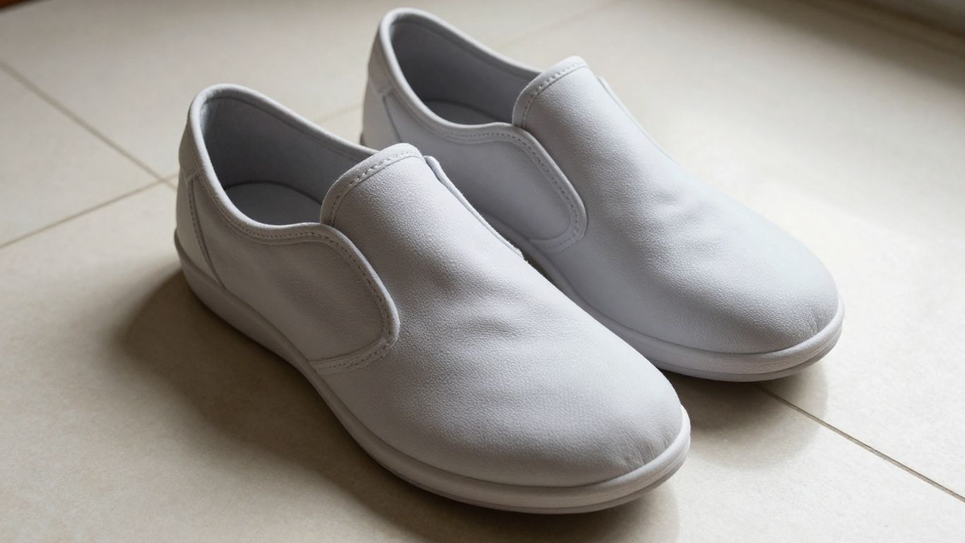 Comfortable nurse shoes on a tiled floor.