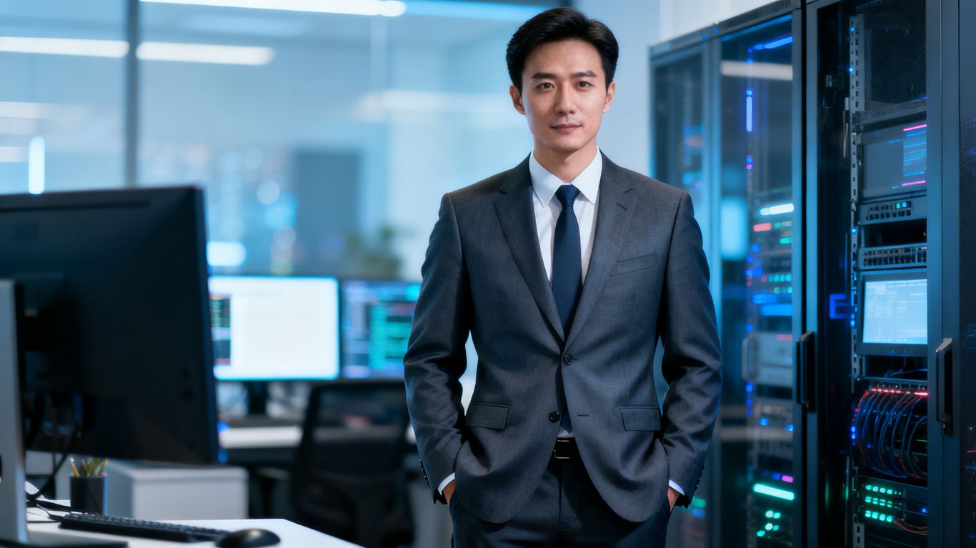 Professional in office with blurred technology background.