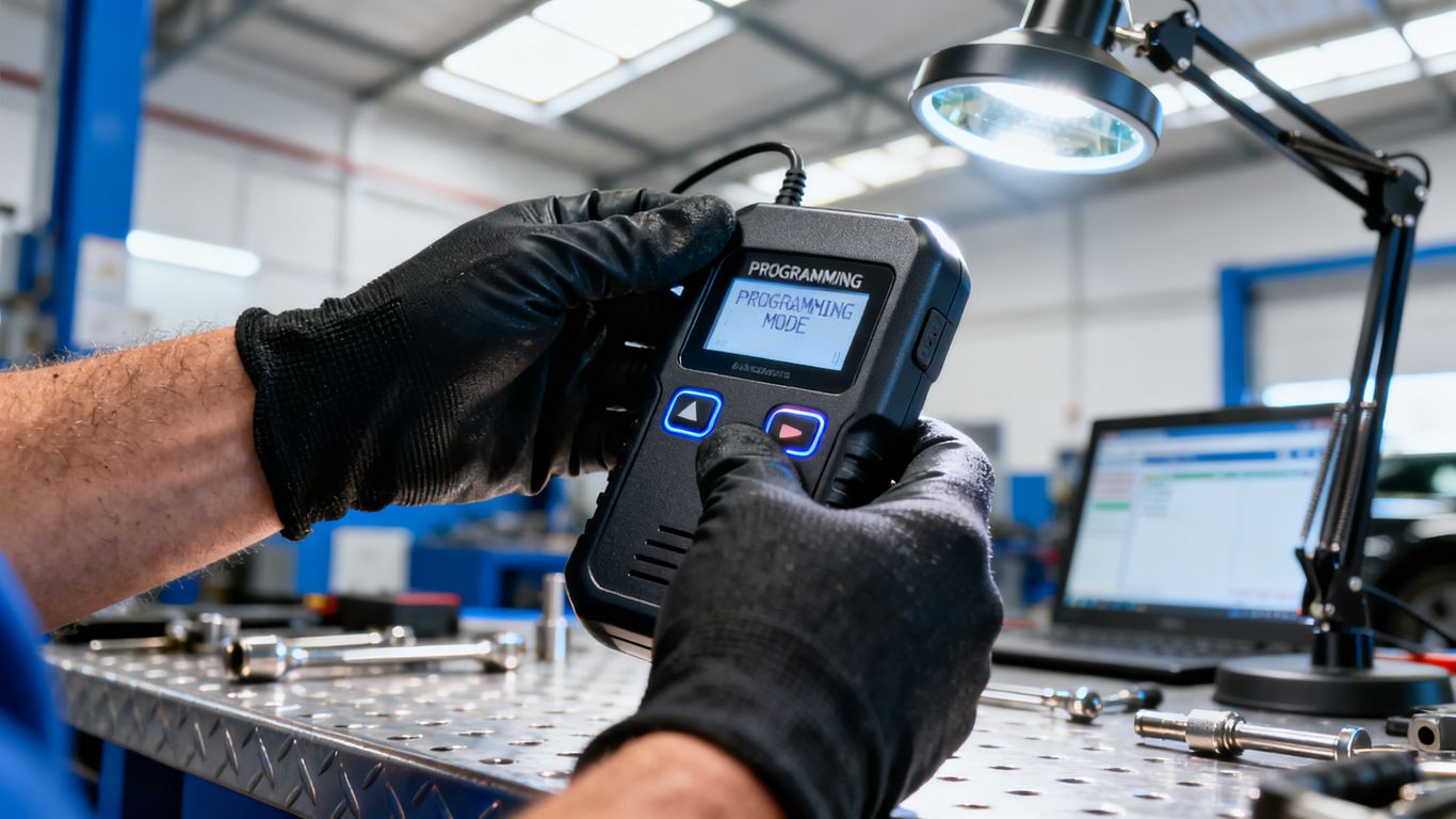 Experienced technician programming a car key