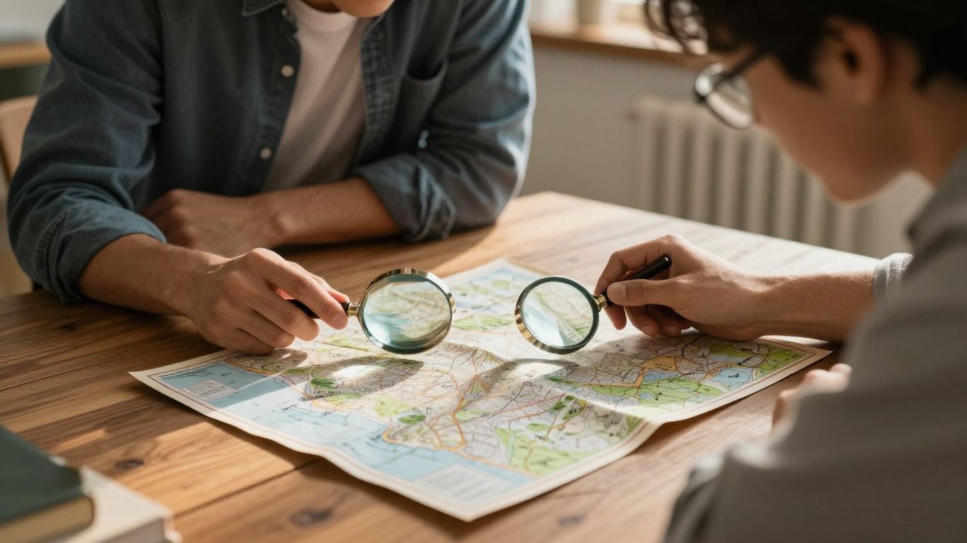 Travelers choosing their destination on a map