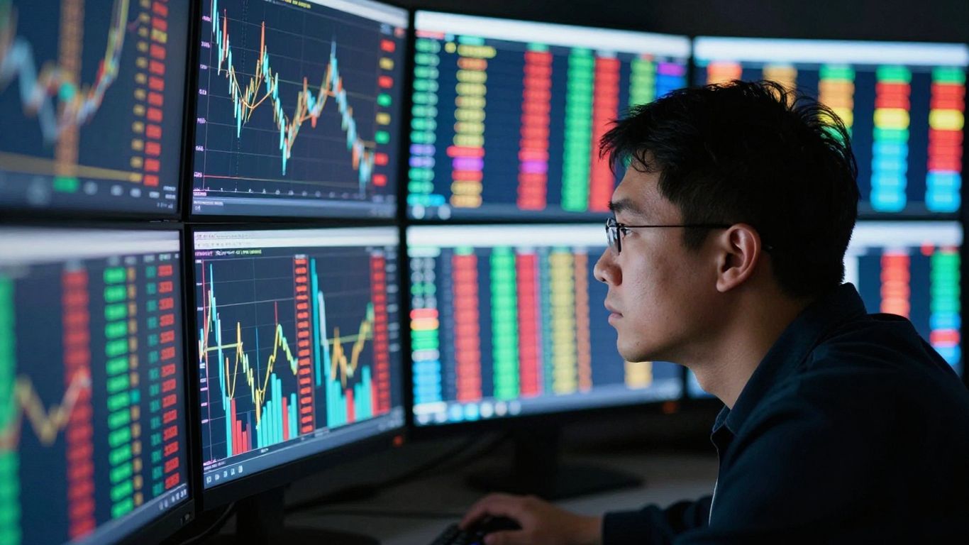 Person analyzing financial markets on multiple screens.