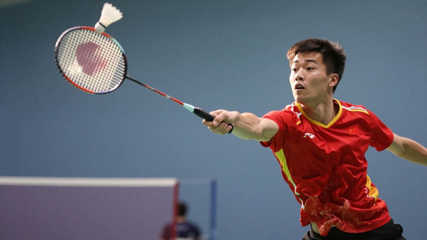 Badminton player hitting a shuttlecock during a match.