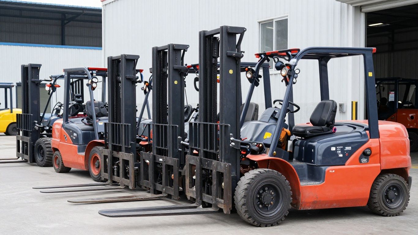 รถโฟล์คลิฟท์หลากหลายประเภท จอดเรียงกันในคลังสินค้า