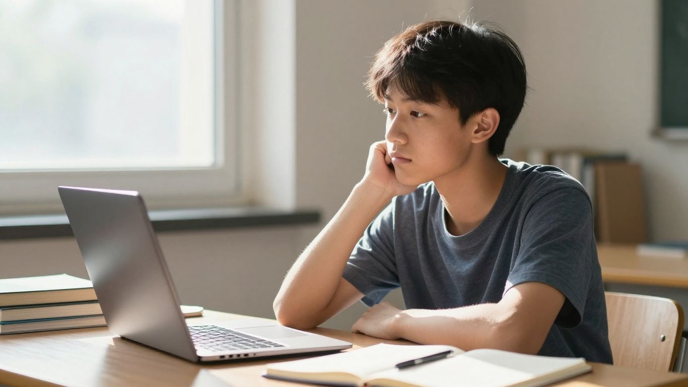 Estudiante pensando en oportunidades académicas y profesionales.