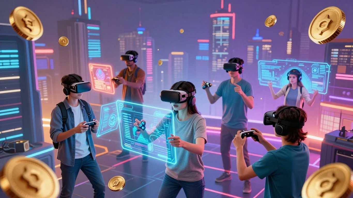 Gamers enjoying futuristic play-to-earn virtual reality games.