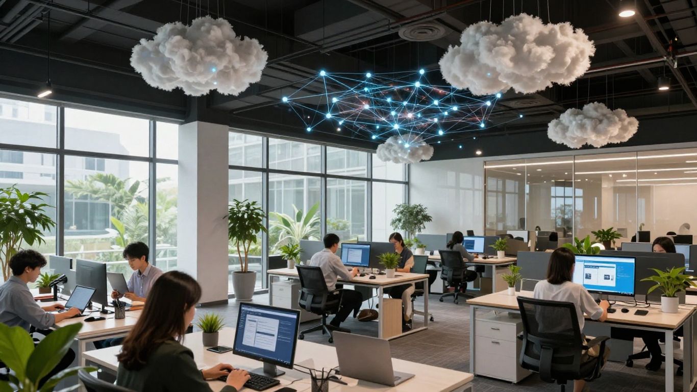 Modern office with cloud and digital connections