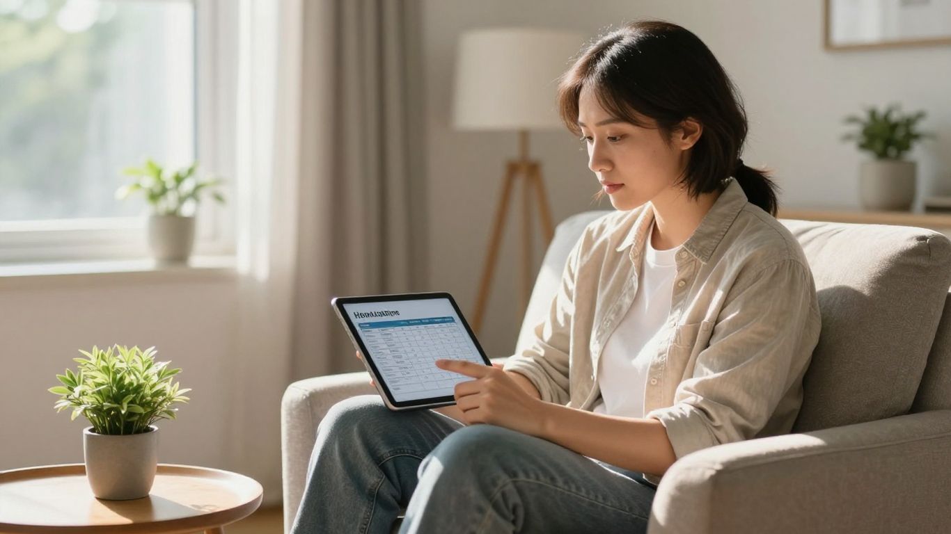 Person planning home loan with amortization schedule on tablet.