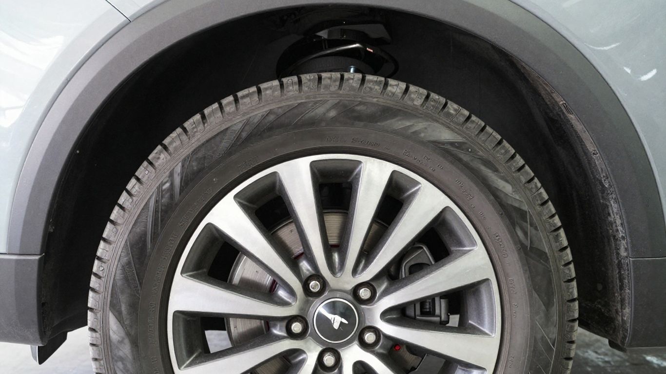 Close view of Land Rover wheel and tire inspection