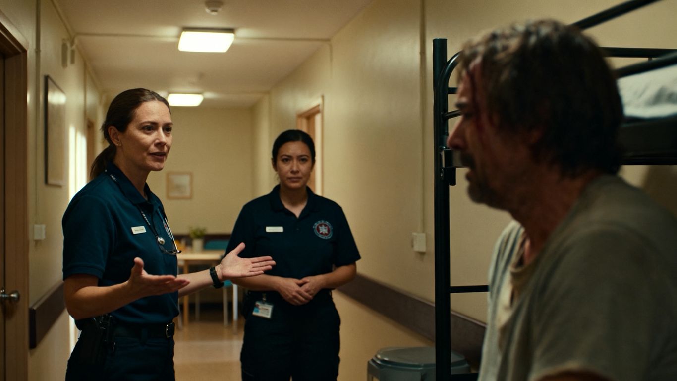 Two support workers speaking calmly in a hostel corridor