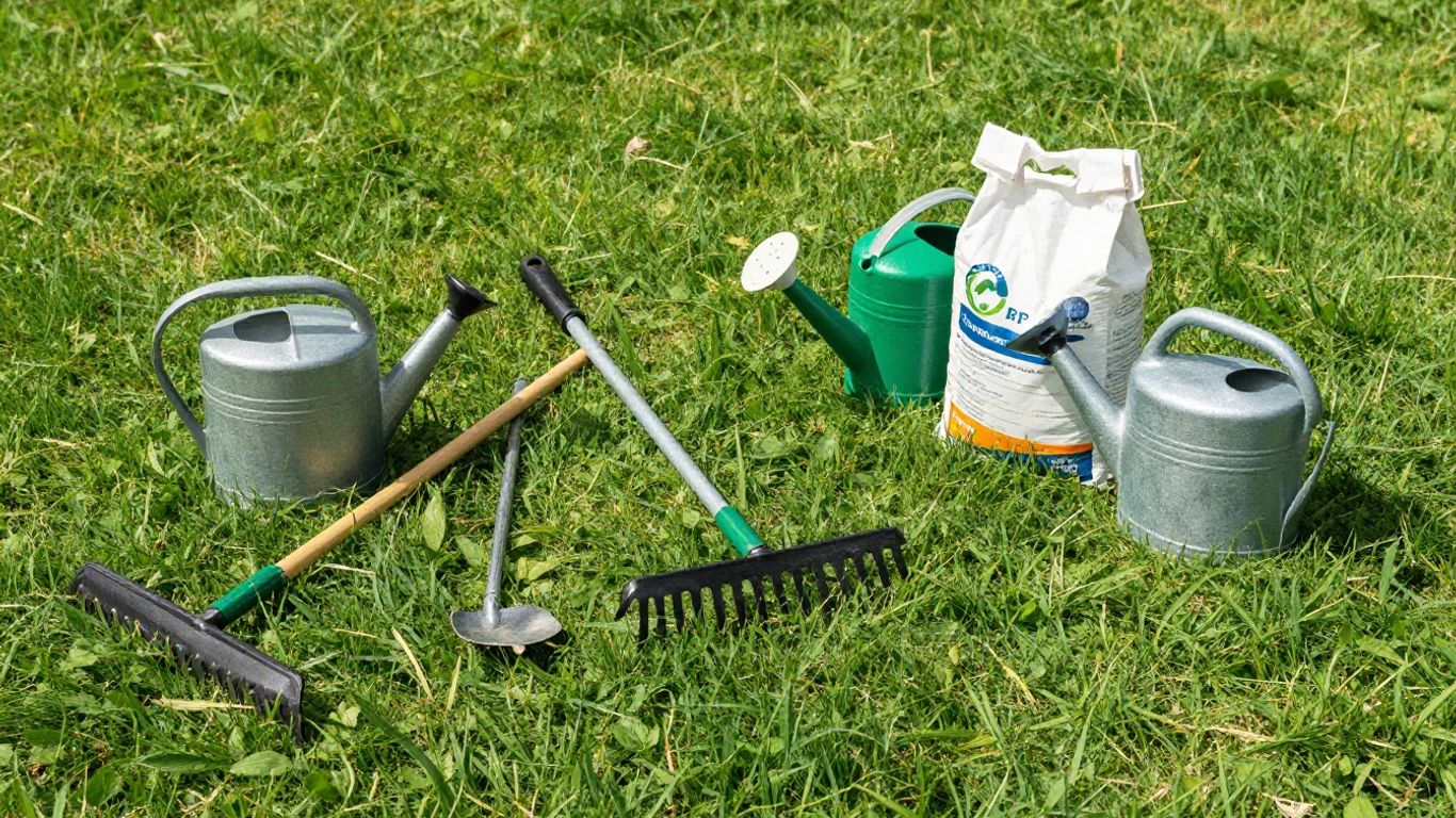 Lush green lawn with gardening tools and fertilizer.