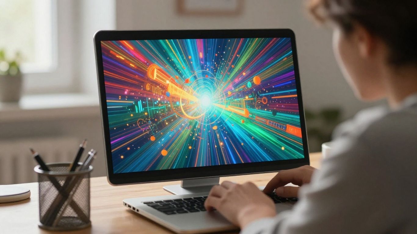 Focused person at desk with laptop, digital landscape on screen.