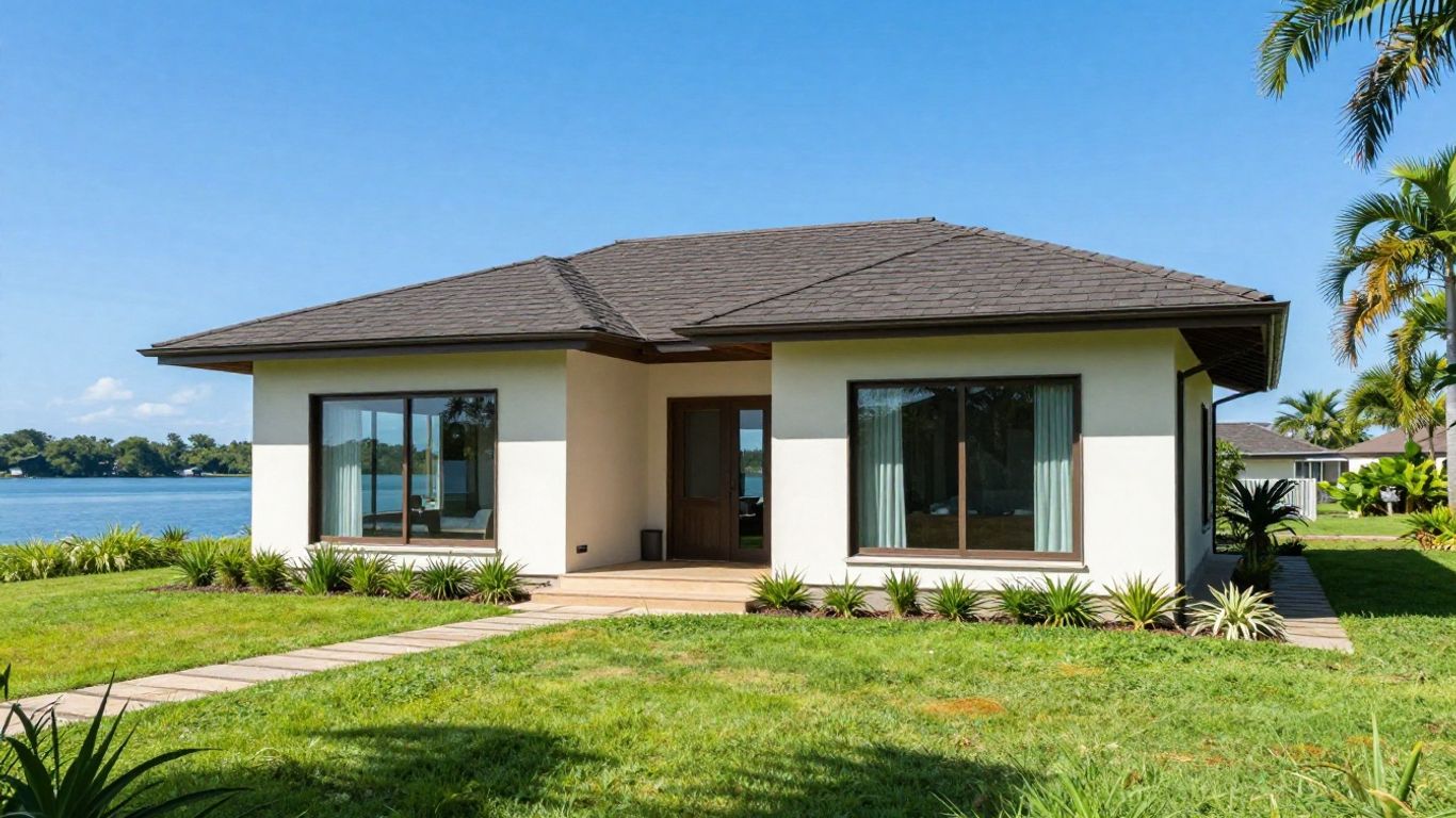Casa de vacaciones soleada con paisaje verde y agua.