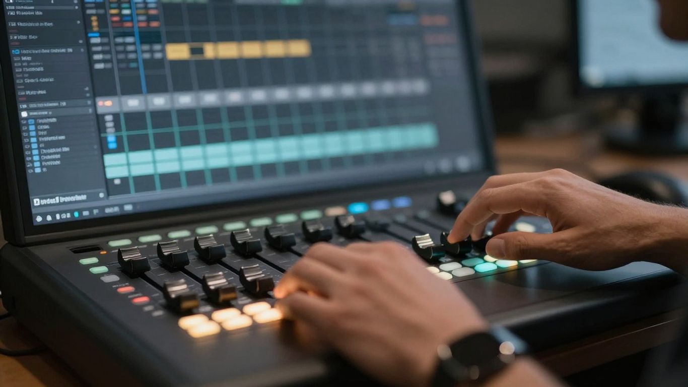 Hands using a Pro Tools audio mixing console.