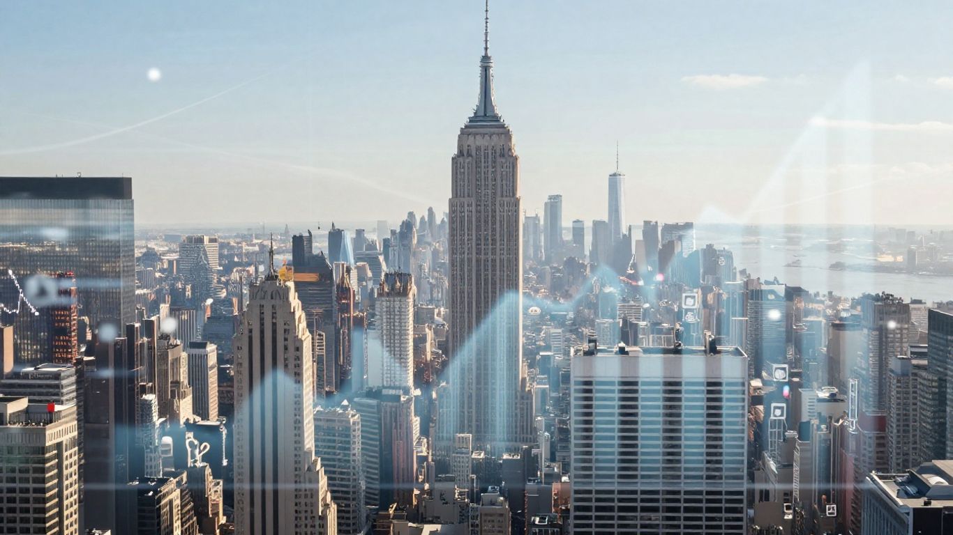 New York City skyline with financial elements.