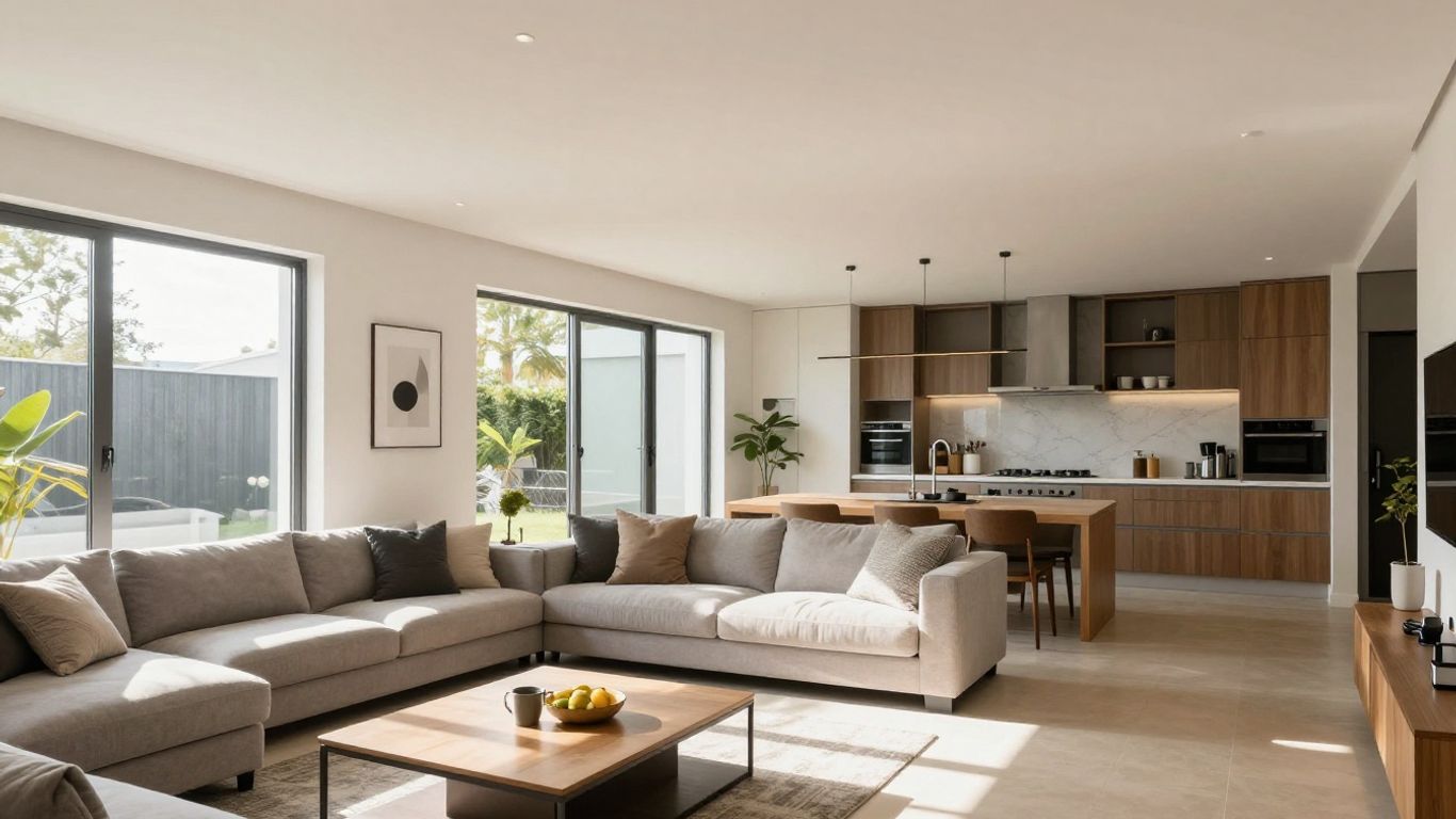 Modern dual living home interior with open-plan and separate living spaces.