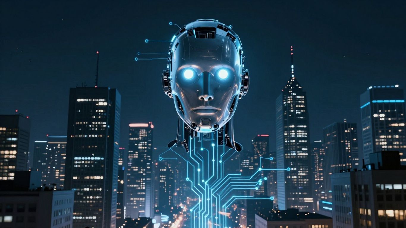 Futuristic cityscape with AI robot head and digital circuits.