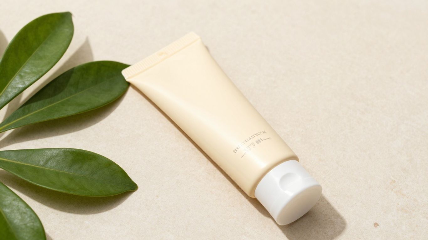 Eucerin sunscreen beside fresh green leaves